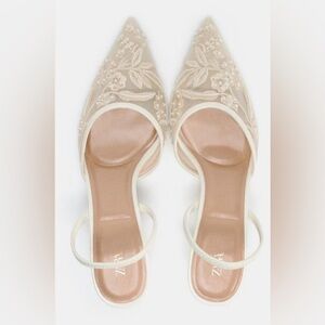 ZARA WOMAN FLORAL EMBROIDERED MESH SLINGBACKS SHOES OFF WHITE Bridal Wedding